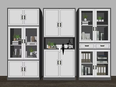 Modern White Bookcase With Glass And Solid Doors Drawers Storage Books Plants 3d model