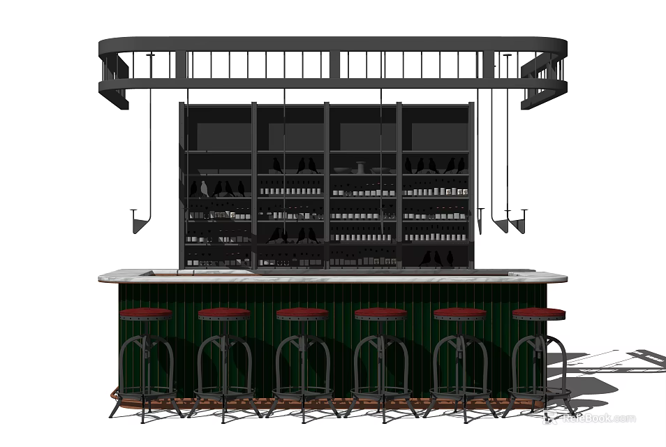 Stylish Bar Counter With Red Stools Black Shelves And White Top 3d model 