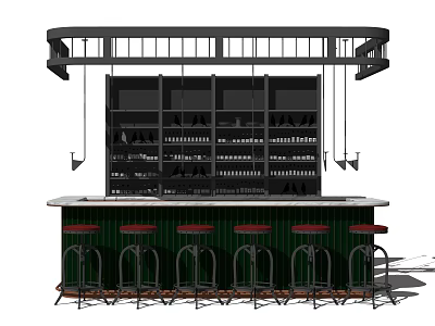 Stylish Bar Counter With Red Stools Black Shelves And White Top 3d model