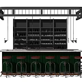 Stylish Bar Counter With Red Stools Black Shelves And White Top