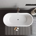 White Freestanding Bathtub in Modern Bathroom with Striped Rug and Mountain View Window