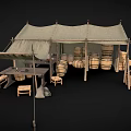 Rustic Campsite Tent Interior With Wooden Table Barrels Stools And Ropes