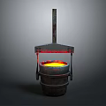 Rusty Metal Bucket With Glowing Red Yellow Molten Liquid And Hanging Metal Frame