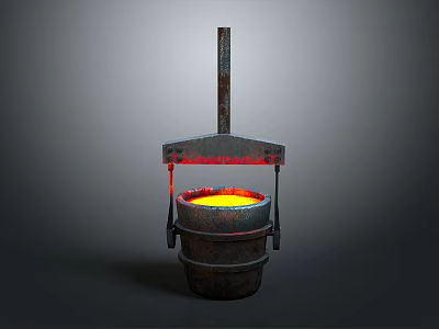 Rusty Metal Bucket With Glowing Red Yellow Molten Liquid And Hanging Metal Frame 3d model
