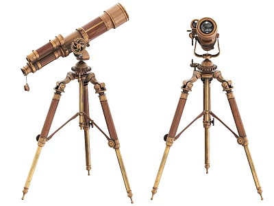 Vintage Brass Telescopes On Wooden Tripods With Classic Antique Design 3d model