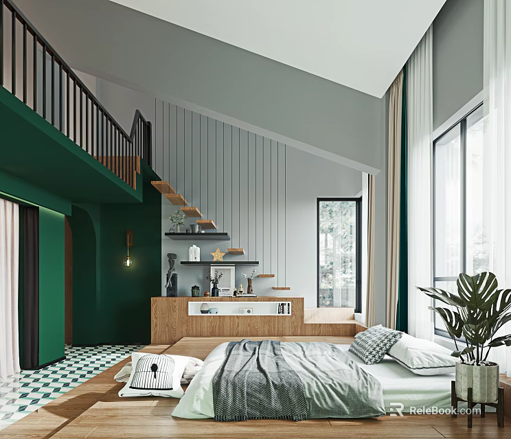Modern Bedroom With Green Walls Wooden Staircase And Large Windows Indoor Plant 3d model 