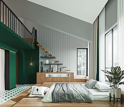 Modern Bedroom With Green Walls Wooden Staircase And Large Windows Indoor Plant 3d model