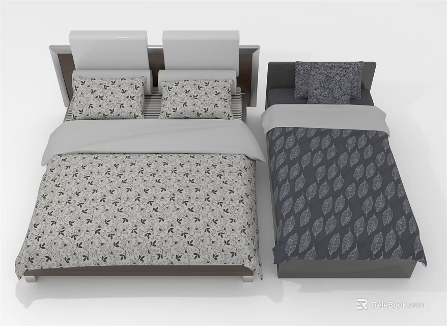 Double Bed with Patterned Bed Sheets White Gray Dark Colors and Modern Headboard Design 3d model
