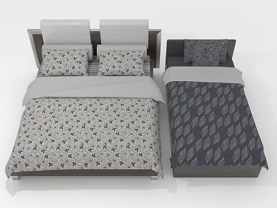 Double Bed with Patterned Bed Sheets White Gray Dark Colors and Modern Headboard Design 3d model