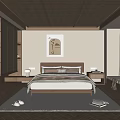 Natural Woven Rattan Ceiling Bedroom Interior With Wooden Cabinets Neutral Bedding And Abstract Painting