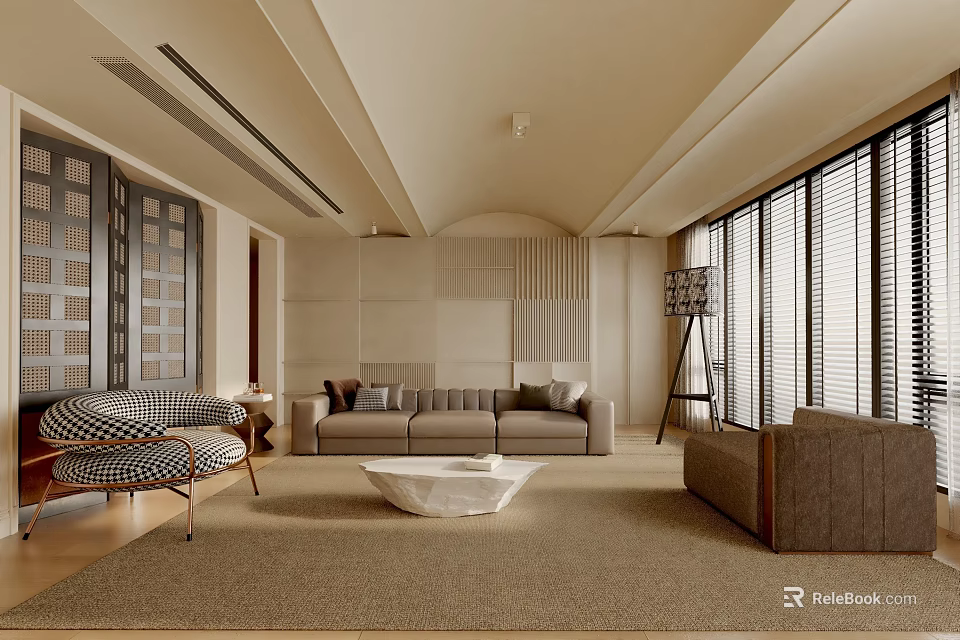 Elegant Modern Living Room Interior With Sofa Round Coffee Table And Large Windows 3d model