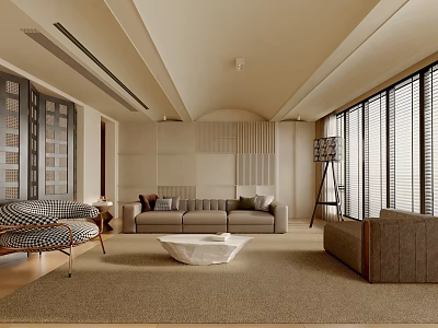 Elegant Modern Living Room Interior With Sofa Round Coffee Table And Large Windows 3d model
