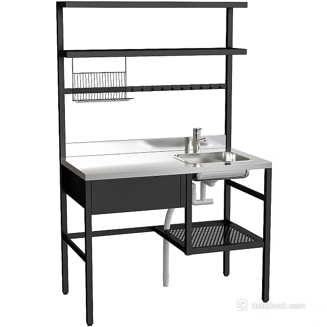 Modern Kitchen Sink Faucet With Stainless Steel Countertop And Black Frame Open Shelf 3d model 