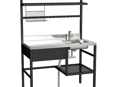 Modern Kitchen Sink Faucet With Stainless Steel Countertop And Black Frame Open Shelf 3d model