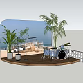 Wooden Stage With Drum Set Palm Trees Plants And Blue Background