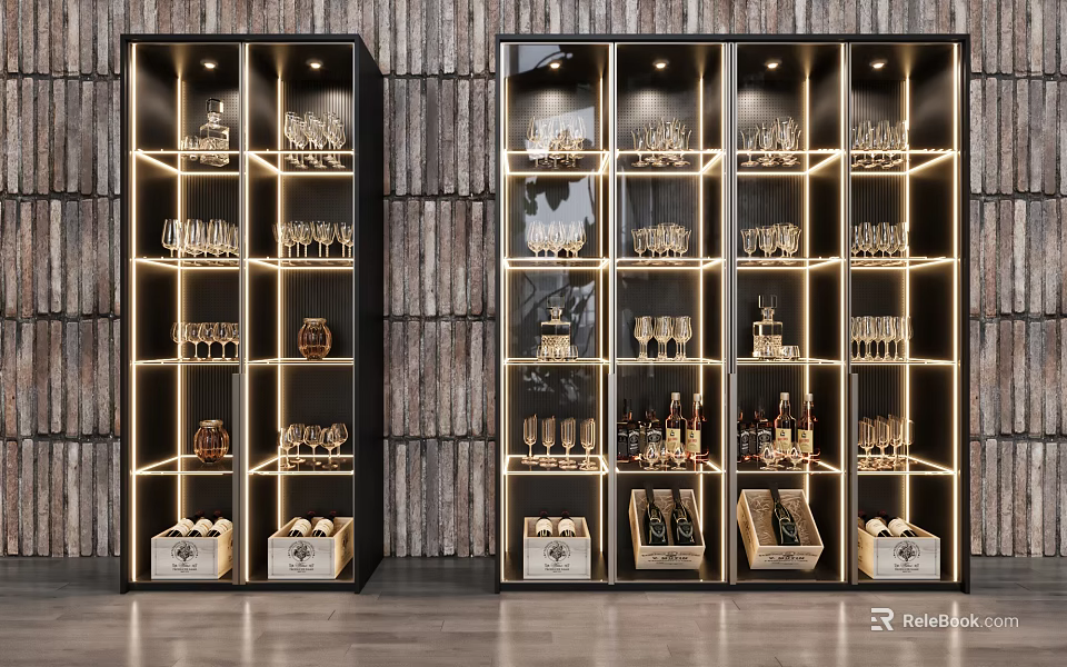 Modern Wine Cabinet With Glass Doors Lighting Shelves Wine Glasses And Bottles 3d model 