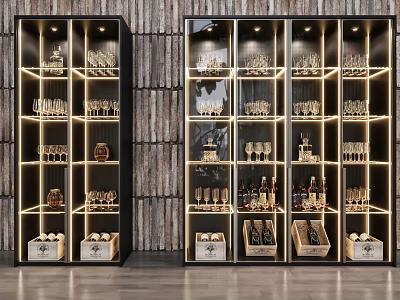 Modern Wine Cabinet With Glass Doors Lighting Shelves Wine Glasses And Bottles 3d model