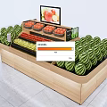Wooden Display Shelf with Various Fresh Fruits Arranged and Screen Showing Fruit