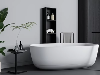 White Freestanding Bathtub In Minimalist Modern Bathroom With Black Shelf Green Plant And Side Table 3d model