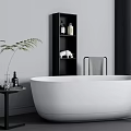 White Freestanding Bathtub In Minimalist Modern Bathroom With Black Shelf Green Plant And Side Table