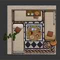 Cartoon Scene Featuring Red Walls White Curtains Plant Daybeds Small Table And Colorful Tiled Floor