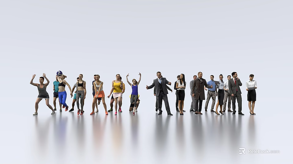 Diverse Group of People in Various Outfits Standing on Reflective Floor 3d model 