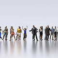 Diverse Group of People in Various Outfits Standing on Reflective Floor