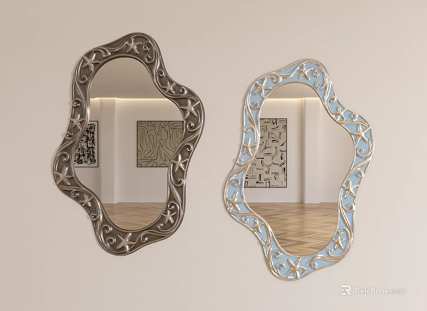 Irregular Shaped Decorative Mirrors With Dark And Light Blue Frames Reflecting Room Interior 3d model 