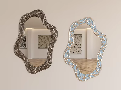 Irregular Shaped Decorative Mirrors With Dark And Light Blue Frames Reflecting Room Interior 3d model
