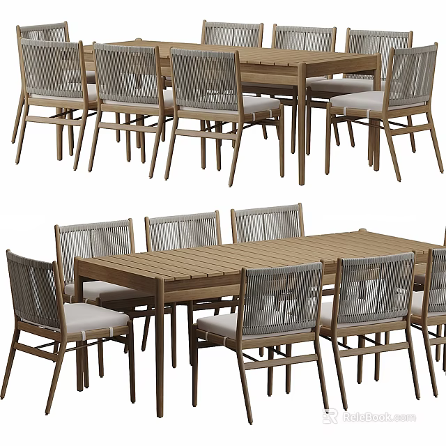 Modern Wooden Dining Table Set With Rattan Chairs And Rectangular Tabletop Design 3d model 