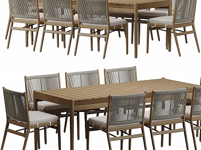 Modern Wooden Dining Table Set With Rattan Chairs And Rectangular Tabletop Design 3d model