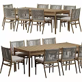 Modern Wooden Dining Table Set With Rattan Chairs And Rectangular Tabletop Design 3d model