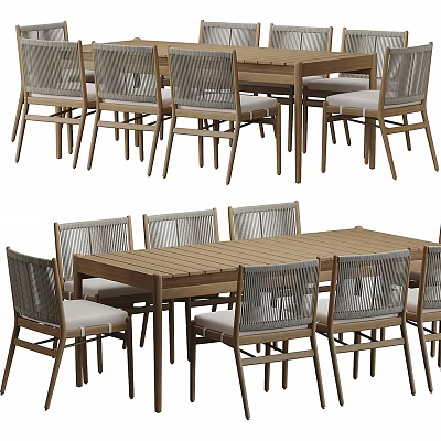 Modern Wooden Dining Table Set With Rattan Chairs And Rectangular Tabletop Design 3d model