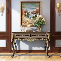 Elegant Console Table with Floral Vase Wall Sconces and Decorative Painting Details