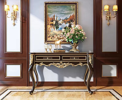Elegant Console Table with Floral Vase Wall Sconces and Decorative Painting Details 3d model
