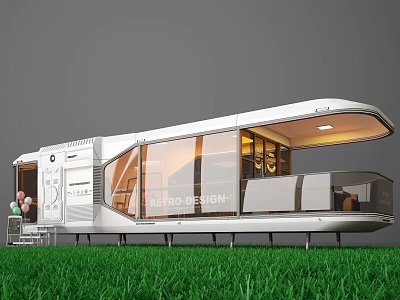 Modern Mobile Cafe With White Exterior Large Glass Windows Green Grass Balloon Decorations Small Balcony 3d model
