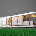 Modern Mobile Cafe With White Exterior Large Glass Windows Green Grass Balloon Decorations Small Balcony