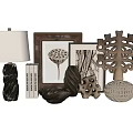 Stylish Decorative Ornament Set with Table Lamp Picture Frames Books and Natural Style Sculptures