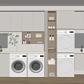 Modern Home Balcony Laundry Space With Washing Machines Storage Cabinets Mirrors And Plants