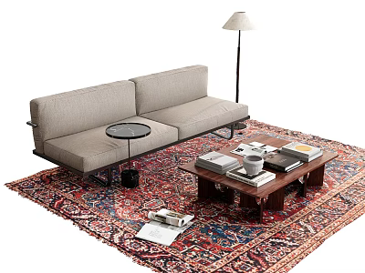 Multiplayer Sofa Long Sofa Carpet Coffee Table Floor Lamp Book Decoration Living Room Sofa 3d model