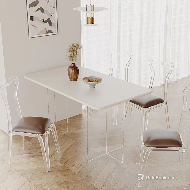 Modern Minimalist Dining Table Set With White Rectangular Table Clear Acrylic Chairs And Decorative Vase 3d model 