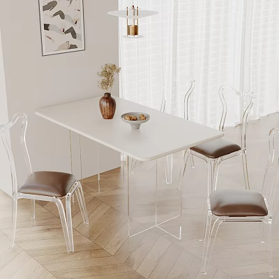 Modern Minimalist Dining Table Set With White Rectangular Table Clear Acrylic Chairs And Decorative Vase 3d model