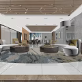 Modern Leisure Area Interior With Sofas Round Coffee Tables Wooden Circular Lamps And Patterned Rug