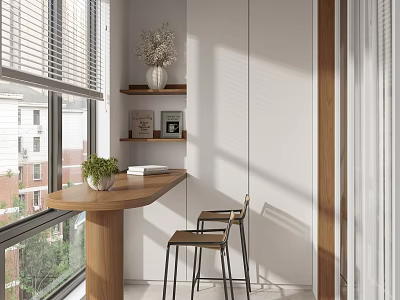 Modern Home Balcony Interior With Wooden Bar Counter Metal Chairs Green Plants And Natural Light 3d model