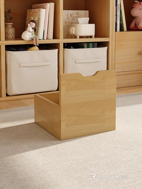 Wooden Bookcase With White Fabric Storage Bags And Front Storage Box 3d model 