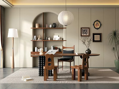 Cozy Study Room Interior With Arched Bookshelf Round Wooden Table Pendant Lamp And Potted Plant 3d model