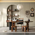 Cozy Study Room Interior With Arched Bookshelf Round Wooden Table Pendant Lamp And Potted Plant