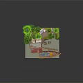 Cartoon Scene with Palm Trees Wooden House Red Roof Stilt Platform and Blue Boat