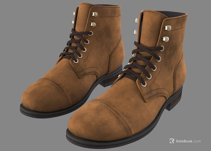 Brown High Top Leather Boots with Black Soles and Metal Eyelets for Men 3d model 