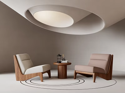 Accent Chairs Wooden Frames Beige Light Brown Upholstery Small Round Side Table Modern Minimalist Room 3d model